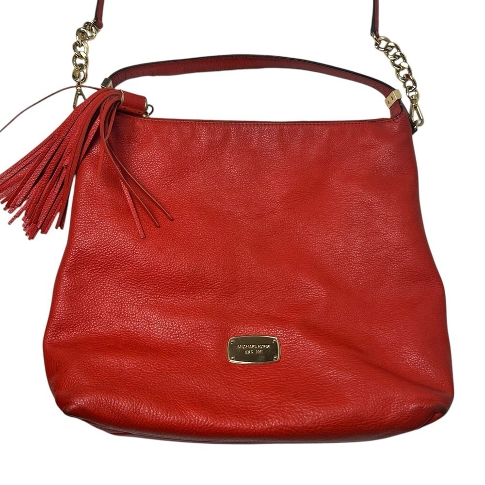 Michael Kors Hobo Bag Orange Red Soft Pebbled Leather with Tassel Large 2 Straps - Picture 1 of 15